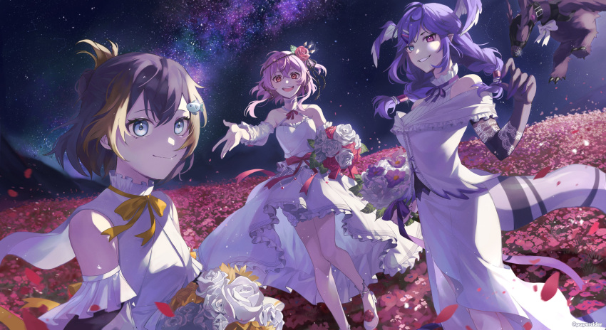 1other 3girls absurdres ahoge black_hair blue_eyes blush bouquet braid brown_eyes choker detached_sleeves dragon dragon_arm dragon_girl dragon_tail dress dutch_angle earrings ember_(selen_tatsuki) field fish_hair_ornament flower flower_field hair_ornament hairclip halter_dress halterneck head_wings heterochromia high_heels highres jewelry lace lace_choker looking_at_viewer medium_hair multicolored_eyes multicolored_hair multiple_girls muzzle neck_ribbon night night_sky nijisanji nijisanji_en obsydia_(nijisanji) open_mouth orange_hair outstretched_arm papercider petra_gurin pink_eyes pink_hair pink_ribbon pointy_ears purple_flower purple_hair purple_ribbon purple_wings red_flower red_rose ribbon rose rosemi_lovelock selen_tatsuki short_hair short_sidetail sky sleeveless smile sunflower tail thorns twin_braids violet_eyes virtual_youtuber white_choker white_dress white_flower white_footwear white_rose wings yellow_flower yellow_ribbon