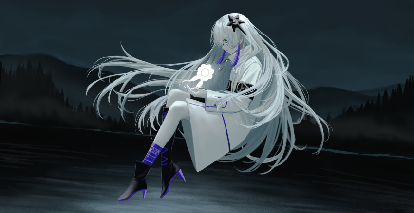 absurdres cevio floating forest from_side full_body hair_ornament high_heels highres jacket kawara_pigeon lake long_hair long_sleeves looking_at_object mountain nature sekai_(cevio) smile socks very_long_hair white_hair white_jacket