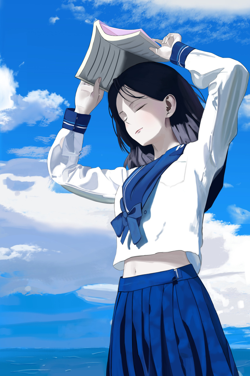 1girl absurdres arms_up black_hair blue_skirt blue_sky book closed_eyes clouds crop_top crop_top_overhang fakey highres holding holding_book long_hair long_sleeves midriff navel original photo-referenced pleated_skirt school_uniform serafuku shirt skirt sky solo white_shirt