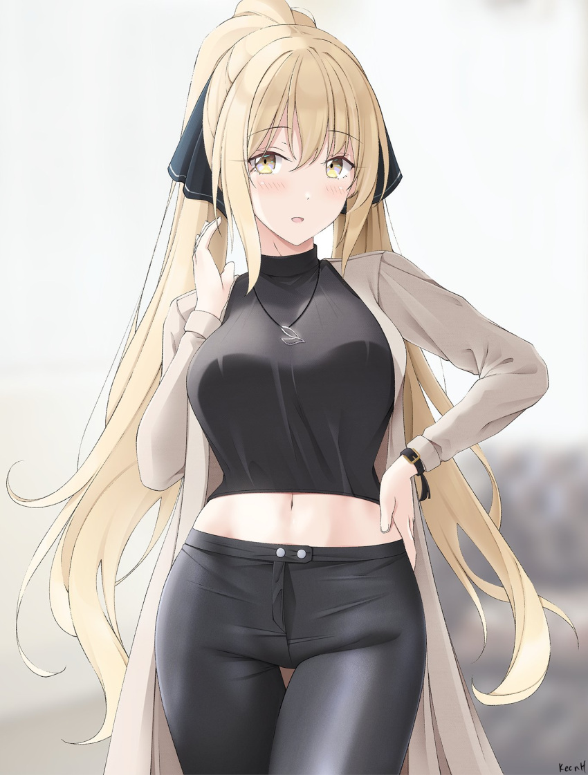 1girl bangs black_pants black_ribbon black_shirt blonde_hair blush borrowed_character breasts brown_eyes commission hair_between_eyes hair_ornament hair_ribbon hand_on_hip high_ponytail highres jewelry keenh large_breasts leather leather_pants long_hair long_sleeves looking_at_viewer midriff navel necklace open_mouth original pants ponytail ribbon satou_mayumi_(rc_f) shiny shiny_clothes shirt smile solo standing