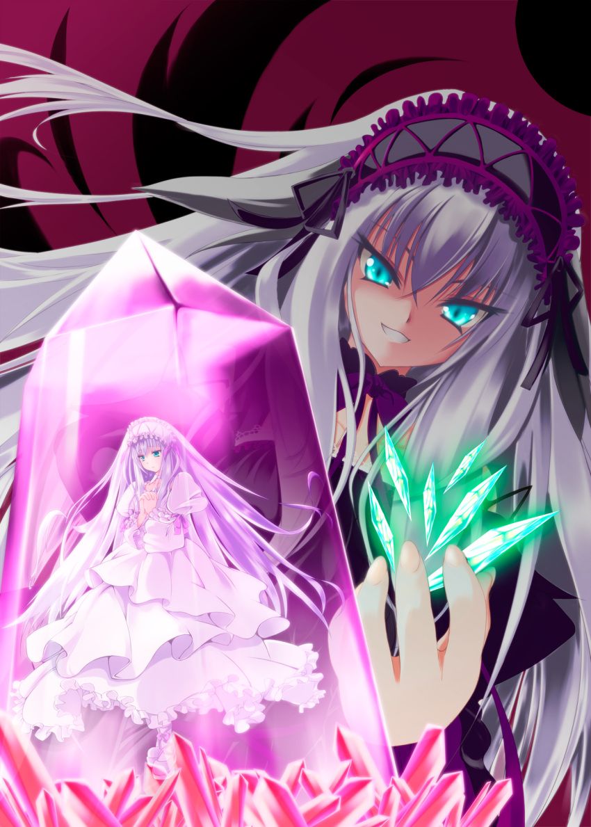 &gt;:) 11eyes bangs black_dress black_hairband black_ribbon blue_eyes bow bowtie commentary_request crystal dark_persona dress dual_persona evil evil_grin evil_smile frilled_dress frilled_hairband frills grin hairband haru_(arser_doil) highres holding lisette_vertorre long_dress long_hair long_sleeves praying purple_bow purple_bowtie purple_ribbon ribbon shards shoes smile trapped v-shaped_eyebrows white_dress white_hair white_hairband