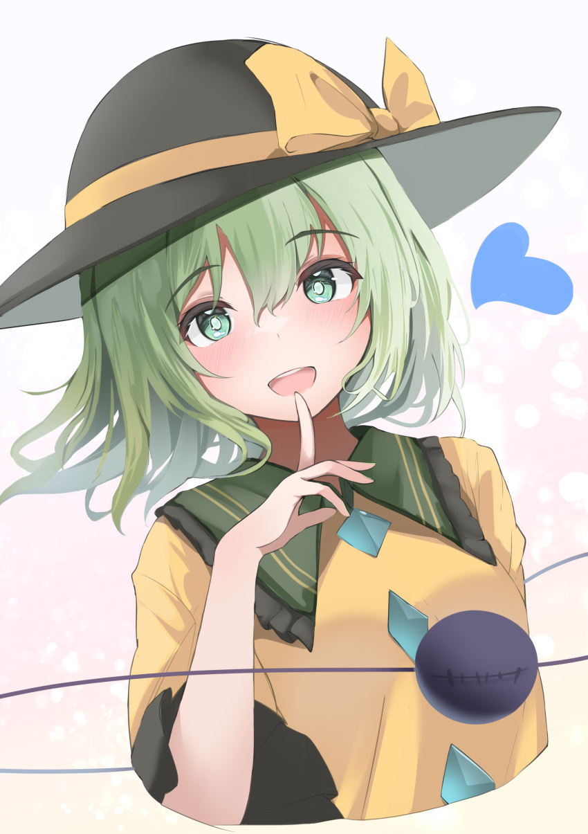 1girl 258n absurdres bangs blouse blush bow breasts buttons collared_shirt crystal eyes_visible_through_hair fingernails frills gradient gradient_background green_eyes green_hair green_nails grey_headwear hair_between_eyes hand_up hat hat_bow heart highres jewelry komeiji_koishi long_sleeves looking_at_viewer medium_breasts multicolored_background nail_polish open_mouth pink_background pointing shirt short_hair smile solo teeth third_eye tongue touhou upper_body white_background wide_sleeves yellow_background yellow_bow yellow_shirt
