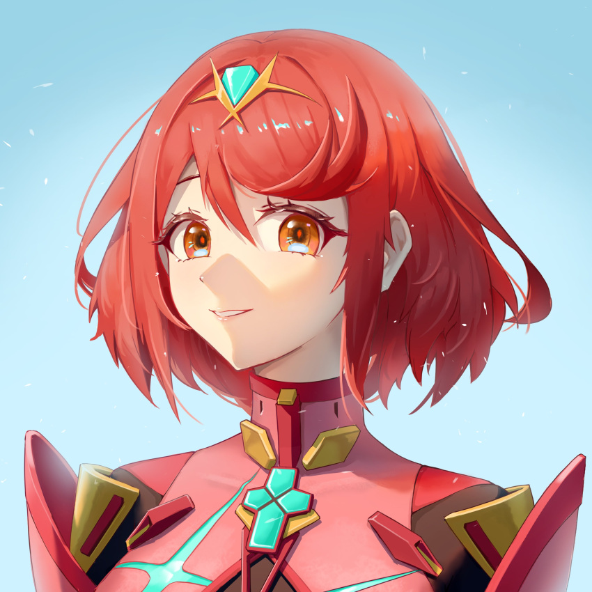 1girl absurdres auxar bangs blue_background bodysuit eyebrows_hidden_by_hair hair_behind_ear highres looking_at_viewer orange_eyes parted_lips portrait pyra_(xenoblade) red_bodysuit redhead short_hair smile solo xenoblade_chronicles_(series) xenoblade_chronicles_2