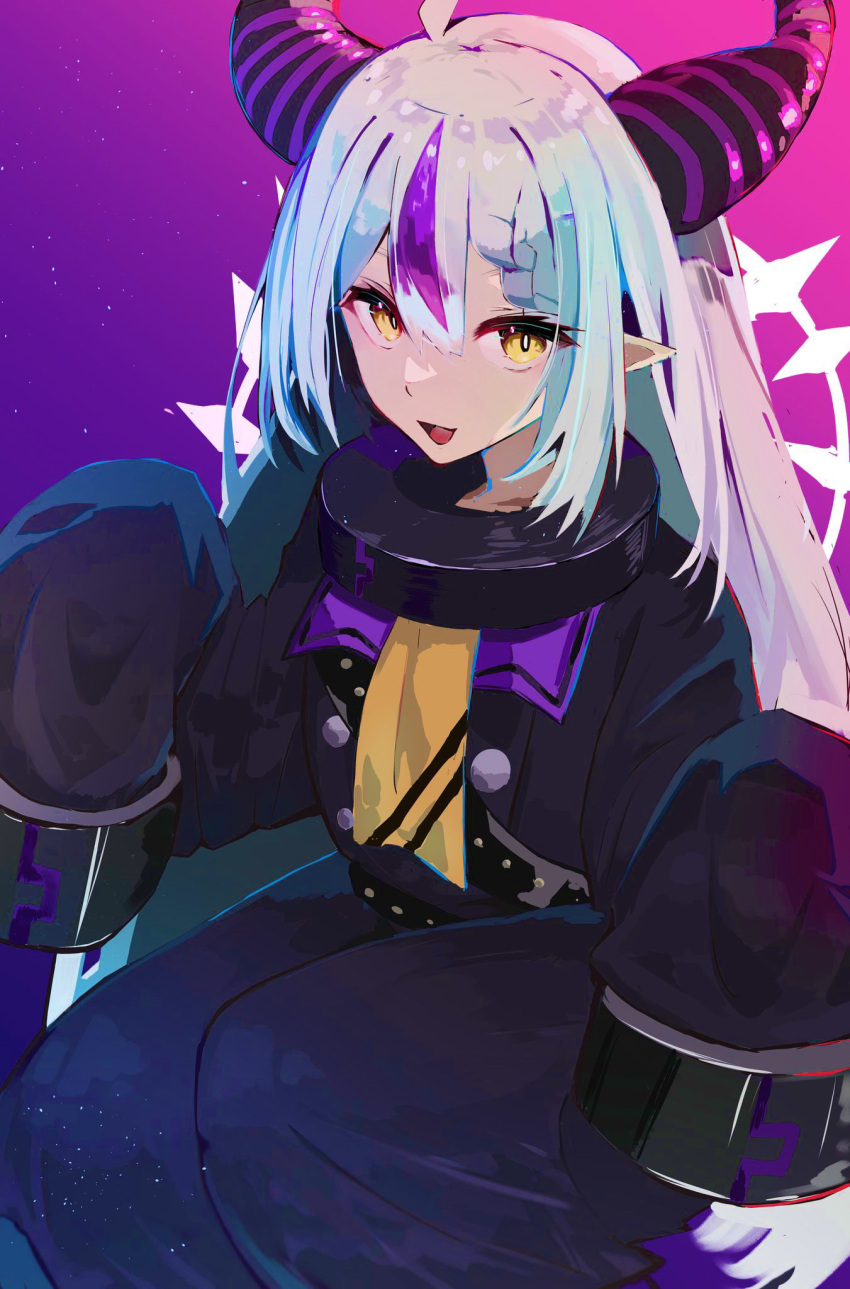 1girl ahoge belt black_horns blue_hair braid bright_pupils dukei gradient gradient_background grey_hair hair_between_eyes highres hololive holox horns la+_darknesss long_hair looking_at_viewer multicolored_hair open_mouth pointy_ears purple_background purple_hair purple_horns sleeves_past_fingers sleeves_past_wrists solo streaked_hair striped_horns virtual_youtuber white_pupils yellow_eyes