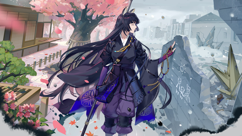 1girl animal_ears architecture arknights armor autumn autumn_leaves bangs beads black_hair black_kimono blunt_bangs box braid breasts broken_wall building burnt cherry_blossoms child_drawing city contrast crystal day dog_ears dog_girl donation_box dutch_angle east_asian_architecture ecrsin facing_to_the_side falling_leaves falling_petals feet_out_of_frame fence fingerless_gloves floating_hair forest gloves hand_up height_mark highres hime_cut holding holding_polearm holding_weapon house japanese_armor japanese_clothes jewelry kesa kimono kusazuri layered_clothes leaf liquid long_hair long_sleeves maple_leaf motion_blur nature outdoors overcast pants pendant petals polearm prayer_beads profile puffy_pants purple_gloves purple_pants ribbon_braid ripples road rope ruins saga_(arknights) shide shimenawa side_braid sidelocks single_braid sky snow snowing solo spring_(season) standing street surreal tile_floor tiles very_long_hair wall water weapon wide_sleeves winter