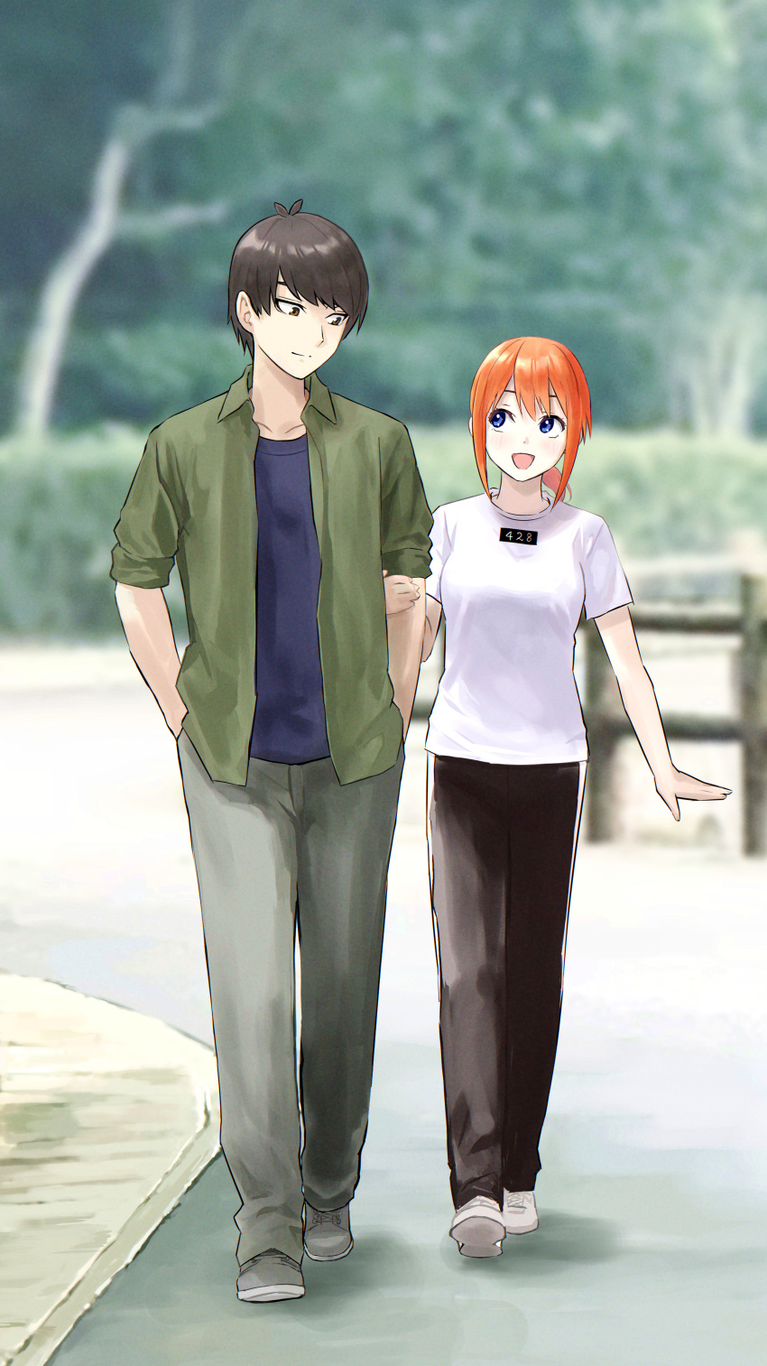 1boy 1girl :d absurdres bangs black_hair black_pants blue_eyes blue_shirt blurry blurry_background casual closed_mouth commentary_request full_body go-toubun_no_hanayome green_footwear green_jacket green_pants hands_in_pocket highres holding_another's_arm ishiyuki jacket looking_at_another medium_hair nakano_yotsuba open_clothes open_jacket orange_hair outdoors pants shirt shoes short_hair short_sleeves smile uesugi_fuutarou walking white_footwear white_shirt