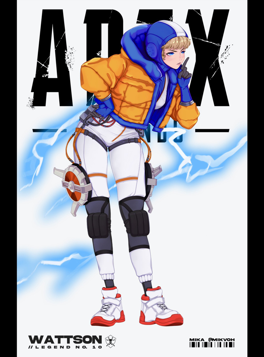 1girl apex_legends bangs blonde_hair blue_bodysuit blue_eyes blue_gloves blue_headwear bodysuit breasts cable copyright_name finger_to_mouth gloves highres hood hooded_jacket jacket knee_pads leaning_forward logo medium_breasts mika_(mikvoh) orange_jacket pillarboxed ribbed_bodysuit shoes shushing sneakers solo thigh_strap wattson_(apex_legends) white_background white_bodysuit