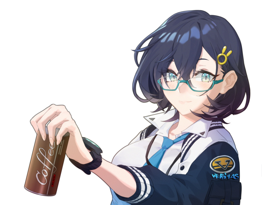 0.7_(aysatnegr) 1girl absurdres blue_archive blue_necktie bunny_hair_ornament chihiro_(blue_archive) closed_mouth coffee collared_shirt commentary_request eyelashes glasses green_eyes hair_between_eyes hair_ornament highres holding looking_at_viewer loose_necktie necktie shadow shirt smile solo stopwatch upper_body white_shirt