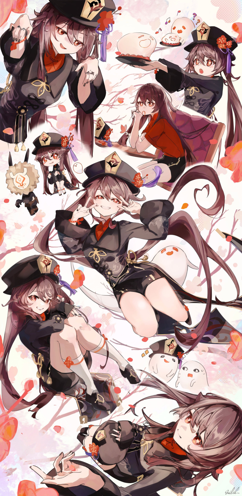 1girl absurdres bangs black_headwear black_nails black_shorts brown_hair commentary_request double_v flower flower-shaped_pupils genshin_impact ghost grin hair_between_eyes hat hat_removed headwear_removed highres hilichurl_(genshin_impact) holding hu_tao_(genshin_impact) jewelry kneehighs long_hair long_sleeves low_twintails milil multiple_rings multiple_views musical_note nail_polish plum_blossoms red_eyes red_flower red_shirt ring shirt shorts signature sitting smile socks spartkle sweat symbol-shaped_pupils tassel twintails v v_over_eye very_long_hair white_socks