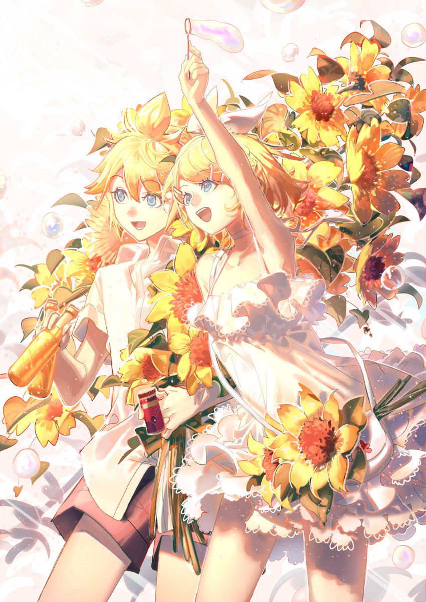 1boy 1girl ahoge arm_up armpits bag bangs bare_arms bare_shoulders black_shorts blonde_hair blue_eyes bottle bouquet bow bubble bubble_wand can choker collarbone condensation dress drink flower frilled_dress frills hair_bow hair_ornament hairclip handbag highres holding holding_bouquet holding_can holding_drink holding_flower holding_wand kagamine_len kagamine_rin looking_up open_collar open_mouth shirt short_dress short_hair short_sleeves shorts side-by-side smile soap_bubbles spaghetti_strap sundress sunflower swept_bangs vocaloid wand white_bow white_choker white_dress white_shirt xiaonuo_(1906803064)