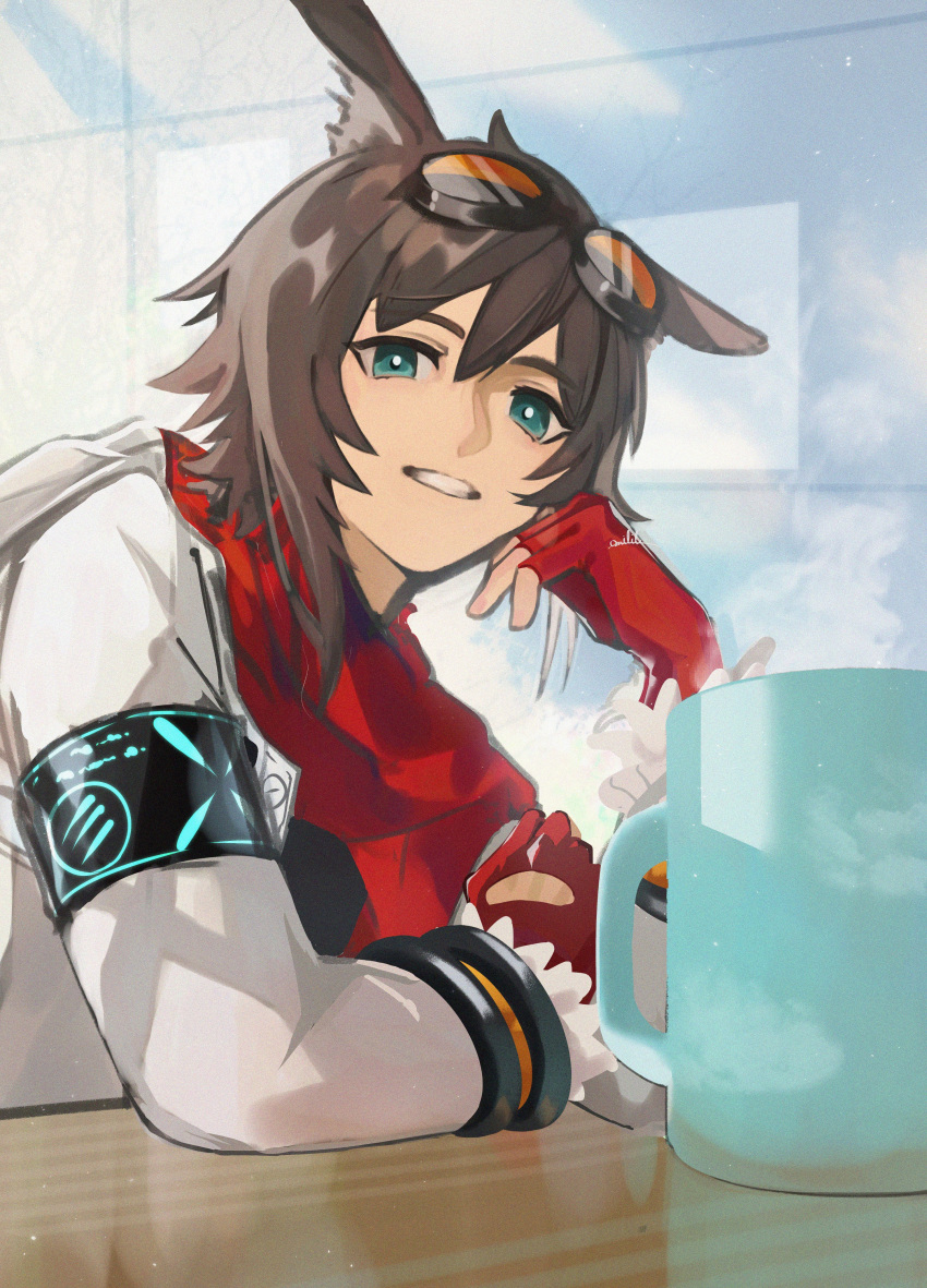 1boy absurdres animal_ears arknights arm_rest bangs blue_eyes brown_hair commentary_request courier_(arknights) cup elbow_rest fingerless_gloves gloves goggles goggles_on_head hair_between_eyes highres infection_monitor_(arknights) jacket looking_at_viewer male_focus milil mug open_clothes open_jacket parted_lips red_gloves red_scarf scarf signature solo steam white_jacket