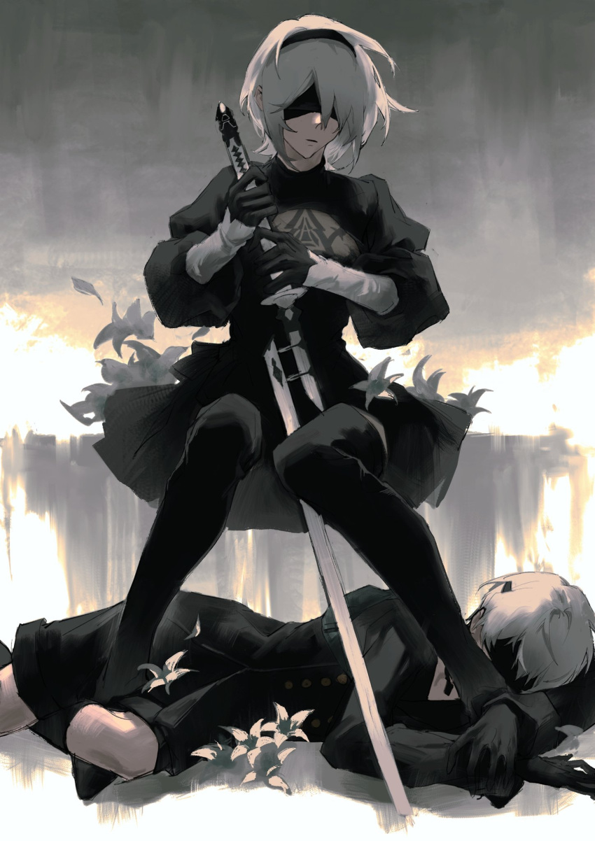 1boy 1girl black_blindfold black_footwear black_gloves black_hairband black_shorts black_socks blindfold flower gloves grey_hair hairband highres holding holding_sword holding_weapon jiao_chang katana looking_at_another lunar_tear lying nier_(series) nier_automata on_floor on_side painterly parted_lips petals plant planted planted_sword puffy_sleeves see-through short_hair shorts socks solo sword turtleneck weapon white_flower yorha_no._2_type_b yorha_no._9_type_s