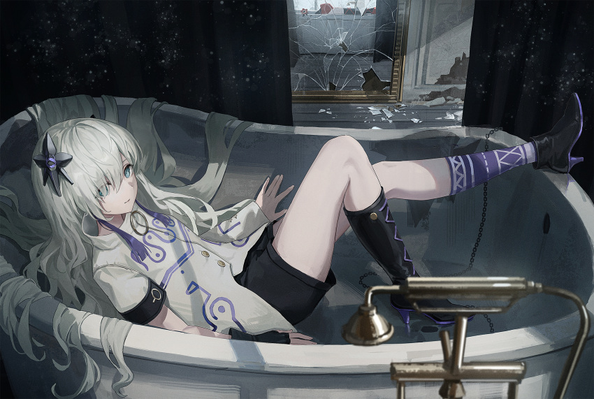 1girl asymmetrical_legwear asymmetrical_sleeves bathtub boots bright_pupils broken_glass broken_mirror cevio character_request different_reflection fingerless_gloves glass gloves highres im_catfood jacket long_hair looking_at_viewer mirror purple_hair reflection ruins sekai_(cevio) smile socks solo violet_eyes white_hair white_pupils wooden_floor