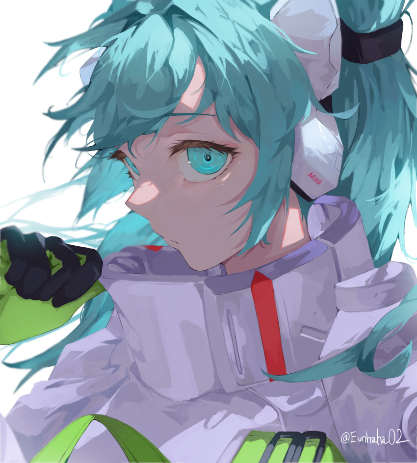 1girl absurdres aqua_eyes aqua_hair gloves hatsune_miku headgear highres long_hair looking_at_viewer niri_(eunhaha02) racing_miku racing_miku_(2022) simple_background solo twintails upper_body vocaloid