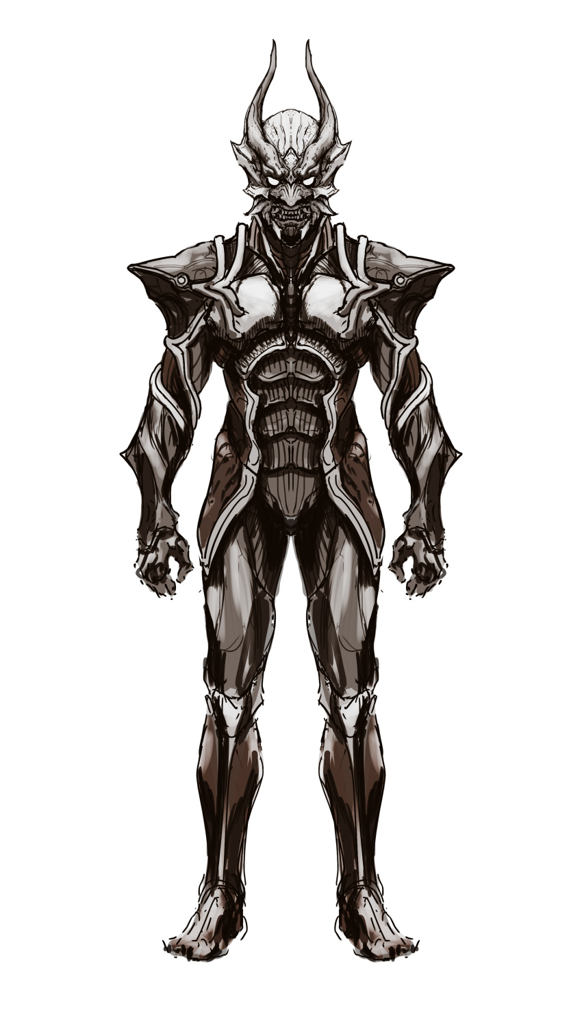 1boy abs absurdres armor breastplate covered_abs covered_navel full_armor gauntlets greyscale highres horns looking_at_viewer male_focus monochrome no_pupils original parted_lips pauldrons shenyuan_ren shoulder_armor simple_background sketch solo standing teeth tusks vambraces white_background