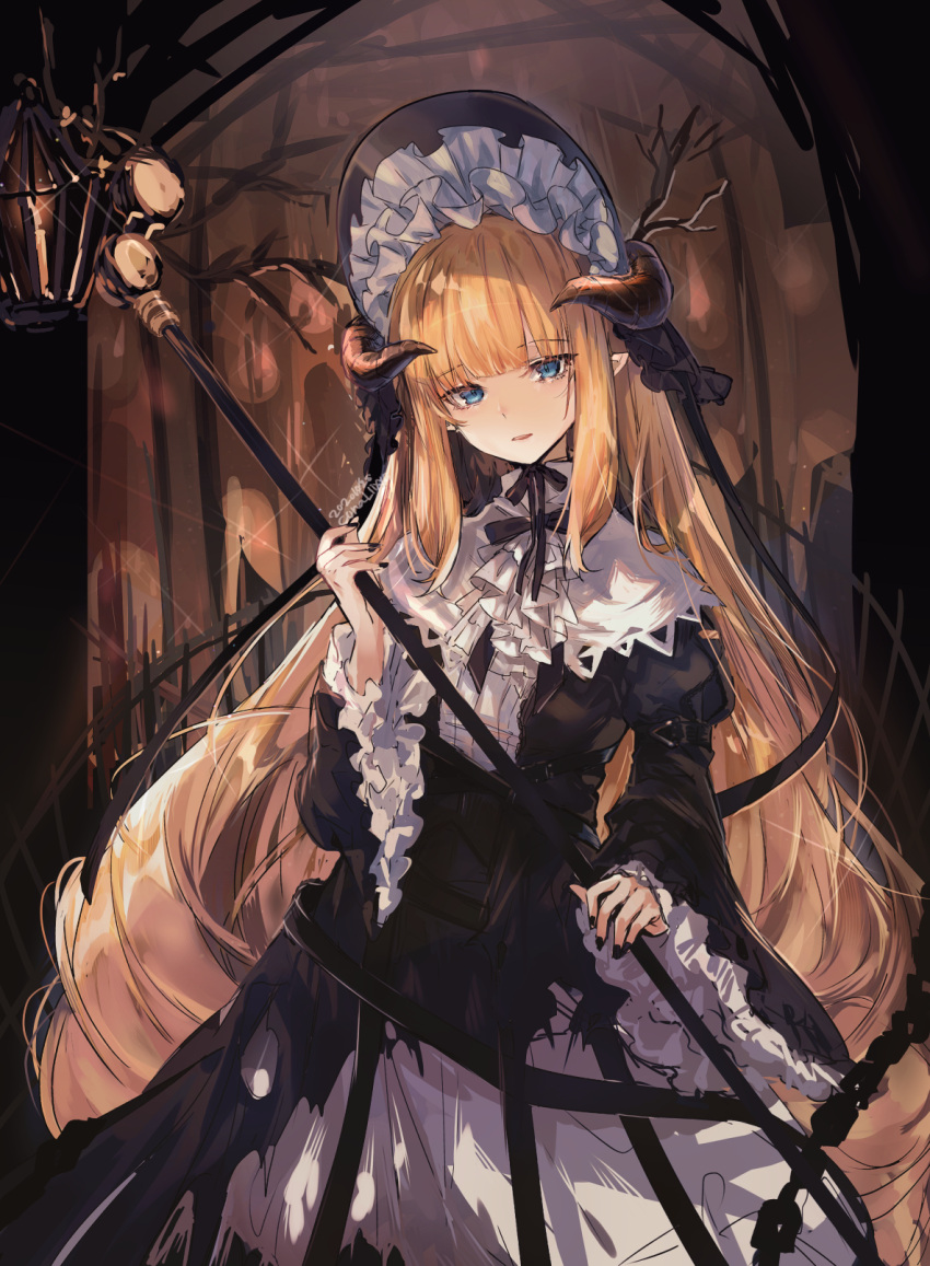 1girl arknights ascot bangs bare_tree black_dress black_horns black_nails black_necktie blonde_hair blue_eyes blunt_bangs bonnet capelet chain commentary conallixxc cowboy_shot crinoline dated dress frilled_ascot frilled_hat frilled_sleeves frills hat highres holding holding_staff horns lantern long_hair long_sleeves looking_at_viewer necktie nightingale_(an_elegy)_(arknights) nightingale_(arknights) official_alternate_costume open_mouth pointy_ears sidelocks signature solo staff torn_clothes torn_dress tree very_long_hair white_ascot white_capelet wide_sleeves