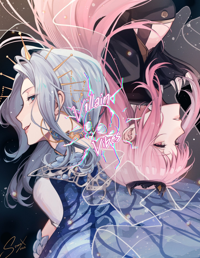 2girls black_cape blue_cape blue_eyes cape from_side hair_behind_ear headdress highres hololive hololive_english indie_virtual_youtuber long_hair monarch_(amalee) mori_calliope multiple_girls parted_lips pink_eyes pink_hair smile song_name spikes szainx tiara upside-down veil virtual_youtuber