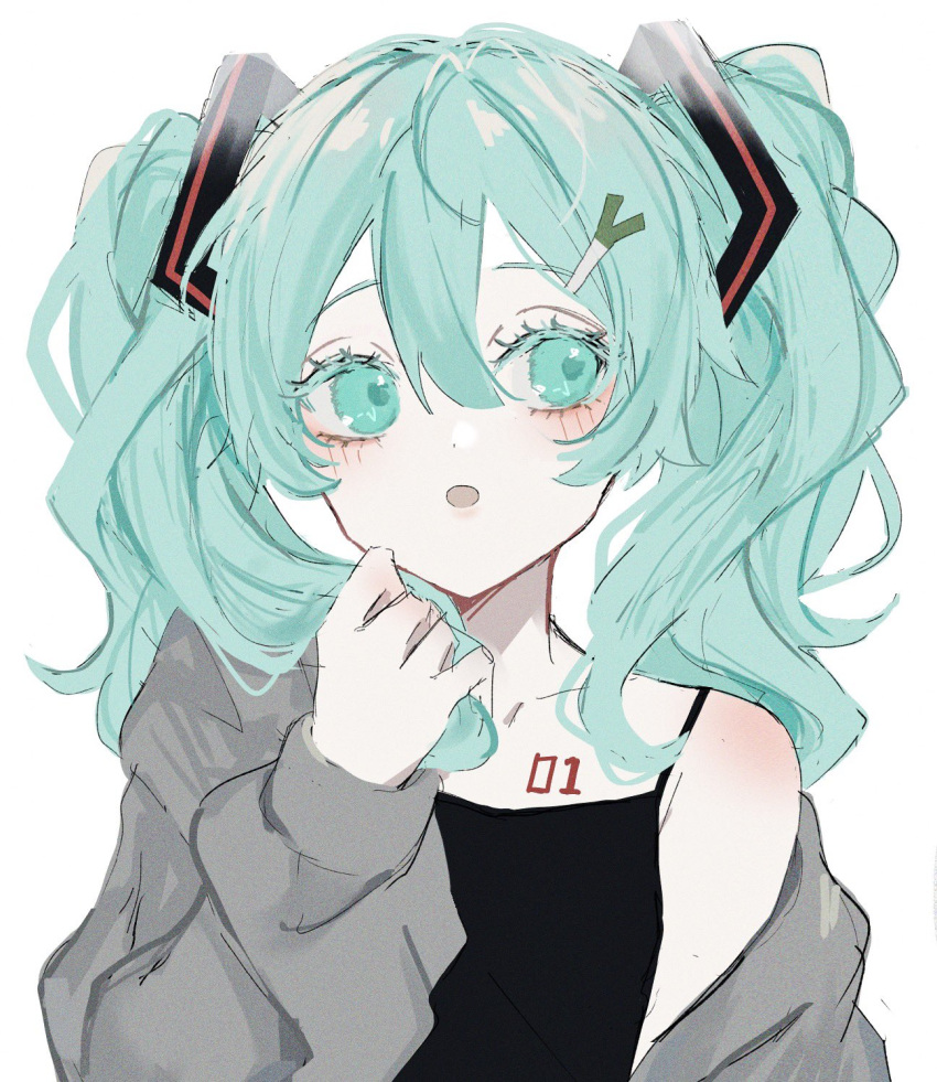1girl aqua_eyes aqua_hair black_shirt blush cardigan chest_tattoo collarbone colored_eyelashes food-themed_hair_ornament grey_sweater hair_between_eyes hair_ornament hair_twirling hairclip hatsune_miku highres looking_to_the_side maca1227 messy_hair number_tattoo open_cardigan open_clothes open_mouth pale_skin playing_with_own_hair shirt shoulder_blush sketch sleeveless sleeveless_shirt spring_onion_hair_ornament sweater sweatshirt tattoo twintails vocaloid wavy_hair