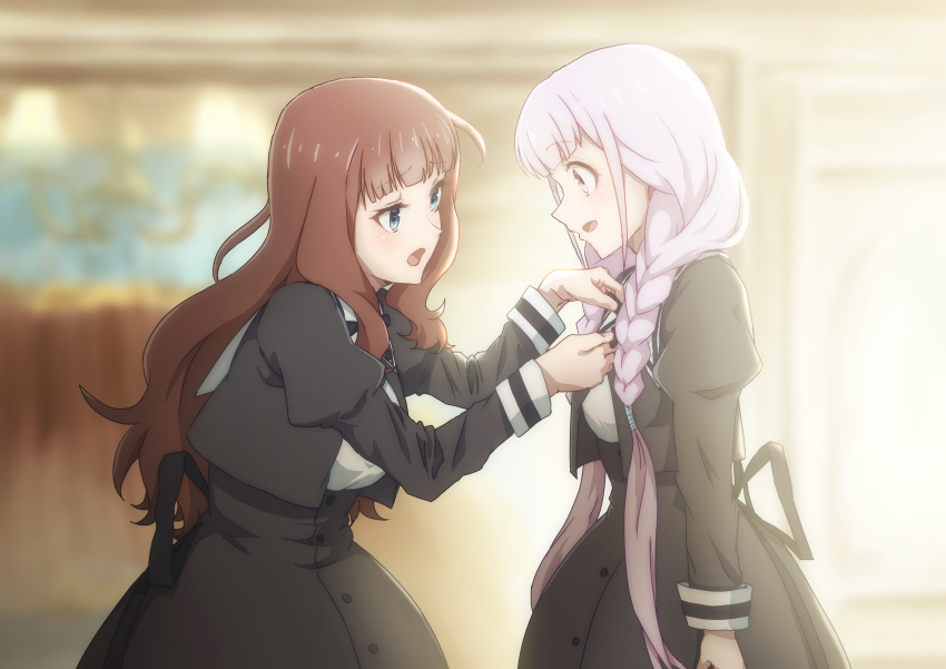 2girls absurdres adjusting_another's_clothes adjusting_neck_ribbon ahoge arm_at_side assault_lily bangs black_ribbon black_skirt blue_eyes blunt_bangs blurry blurry_background braid breasts brown_hair buttons chandelier cowboy_shot cropped_jacket from_side hands_up high-waist_skirt highres hitotsuyanagi_yuri indoors juliet_sleeves kaede_johan_nouvel kashinoshi large_breasts light_blush long_hair long_sleeves looking_at_another low_twin_braids low_twintails medium_breasts multiple_girls neck_ribbon open_mouth parted_lips pink_eyes profile puffy_sleeves purple_hair raised_eyebrows ribbon school_uniform shirt sidelocks skirt standing twin_braids twintails very_long_hair wavy_hair white_shirt wide-eyed yurigaoka_girls_academy_school_uniform