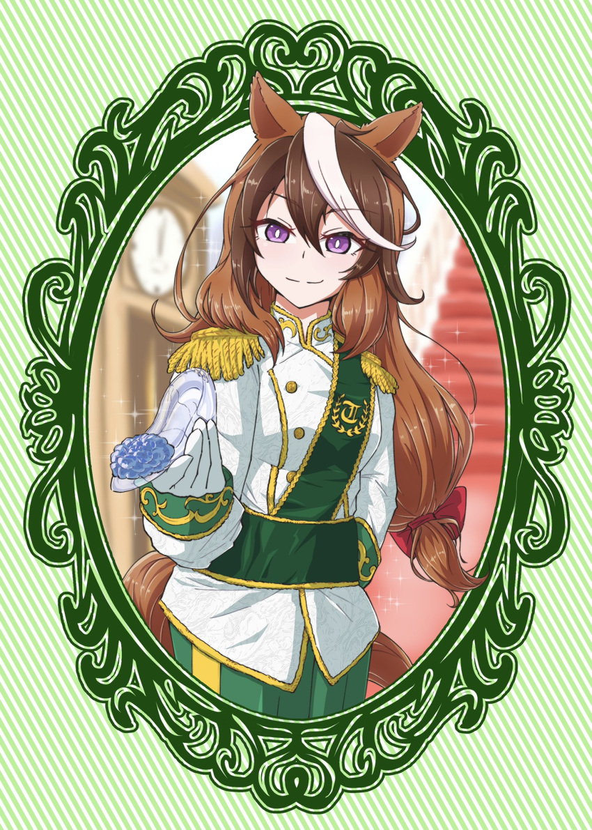 1girl animal_ears bangs breasts brown_hair buttons cinderella closed_mouth desuchi double-breasted epaulettes glass_slipper gloves green_pants hand_on_hip highres horse_ears horse_girl horse_tail jacket long_hair long_sleeves medium_breasts multicolored_hair pants smile solo sparkle standing symboli_rudolf_(umamusume) tail umamusume upper_body violet_eyes white_gloves white_jacket