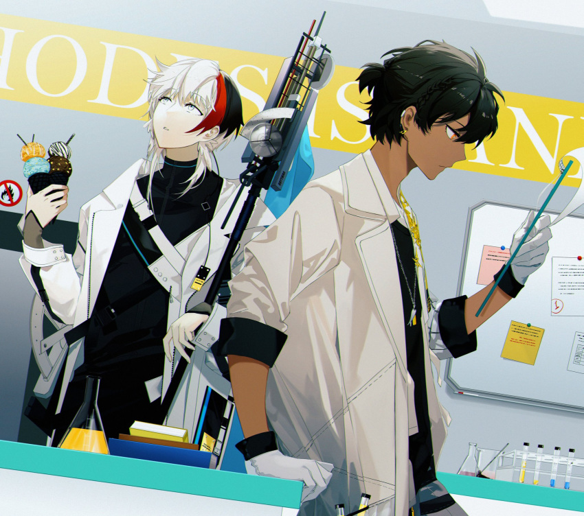 2boys arknights arm_support black_hair black_shirt clipboard closed_mouth commentary_request dark-skinned_male dark_skin double_scoop elysium_(arknights) food gloves highres holding holding_food ice_cream ice_cream_cone jacket looking_away male_focus multicolored_hair multiple_boys open_clothes open_jacket parted_lips profile red_eyes redhead shirt streaked_hair thorns_(arknights) triangular1116 vial white_eyes white_gloves white_hair white_jacket