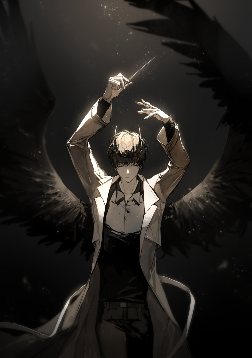 1boy arms_up baton_(conducting) black_hair black_horns black_shirt black_wings closed_eyes closed_mouth collared_shirt concentrating conductor dark_background demon_horns dok-ja_kim facing_viewer highres horns jacket light light_particles long_sleeves male_focus omniscient_reader's_viewpoint sevenotsu shirt shirt_tucked_in short_hair solo spoilers wings