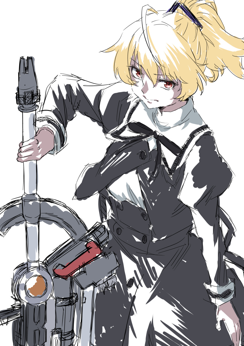 1girl absurdres ahoge andou_tazusa arm_at_side assault_lily bangs black_ribbon black_skirt blonde_hair buttons closed_mouth cropped_jacket hair_between_eyes hair_ribbon hand_up high-waist_skirt highres holding holding_weapon juliet_sleeves kashinoshi long_sleeves looking_at_viewer neck_ribbon ponytail puffy_sleeves purple_ribbon red_eyes ribbon school_uniform shirt short_hair simple_background sketch skirt solo standing two-tone_ribbon v-shaped_eyebrows weapon white_background white_shirt yurigaoka_girls_academy_school_uniform