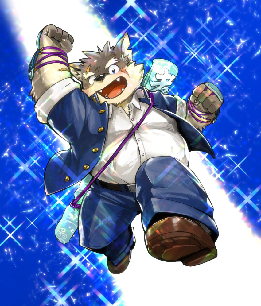 1boy animal_ears animal_nose armor belt blue_background blue_eyes blue_jacket blue_pants brown_footwear brown_fur chest_tuft commentary_request dog_boy dog_ears eyebrow_cut fangs fangs_out full_body furry furry_male gakuran highres jacket japanese_armor kita_9999 kote male_focus moritaka_(housamo) pants plump scar scar_on_cheek scar_on_face school_uniform shoes short_hair smile snout solo sparkle_background thick_eyebrows tokyo_afterschool_summoners two-tone_fur weapon weapon_on_back yellow_fur
