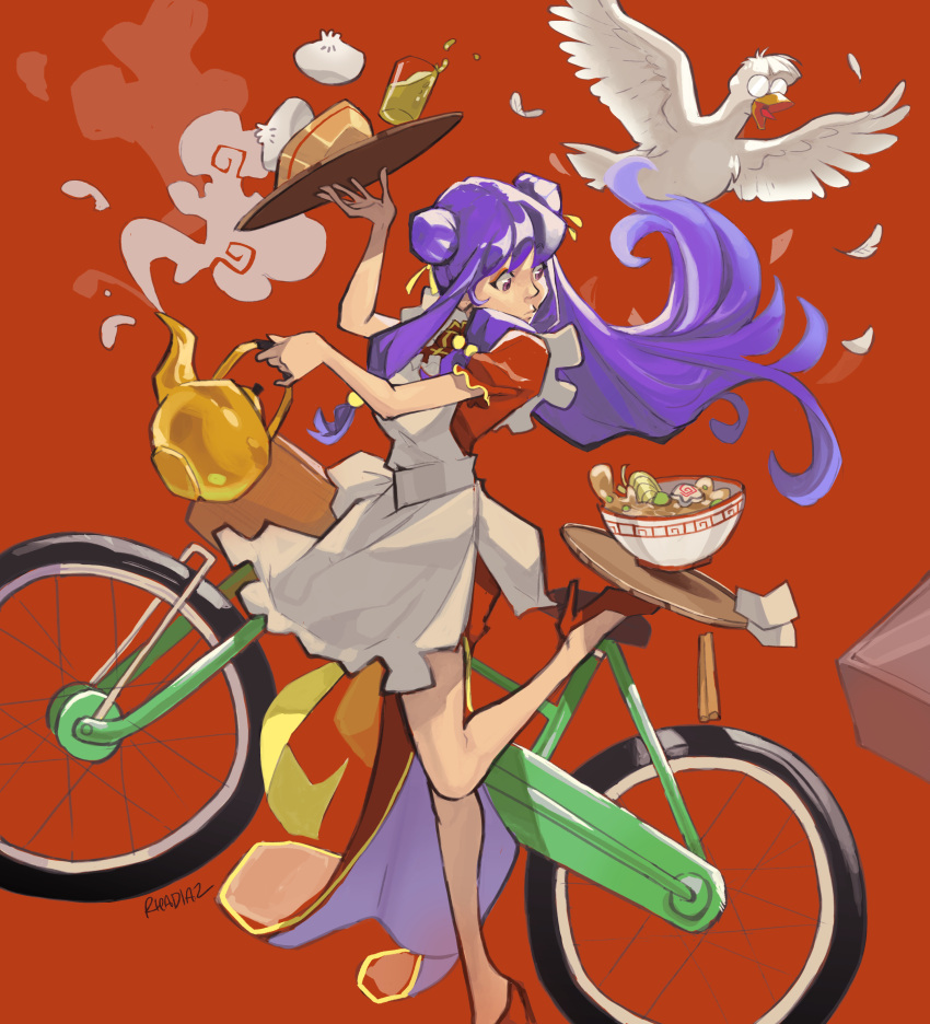 1girl absurdres animal apron balancing balancing_on_foot baozi bicycle bird bowl china_dress chinese_clothes delivery double_bun dress duck english_commentary food full_body glasses ground_vehicle hair_bun high_heels highres long_dress long_hair looking_back mousse_(duck)_(ranma_1/2) mousse_(ranma_1/2) noodles opaque_glasses purple_hair ramen ranma_1/2 red_background red_dress red_footwear rica_diaz shampoo_(ranma_1/2) short_sleeves sidelocks solo_focus spilling standing standing_on_one_leg steam teapot very_long_hair violet_eyes white_apron