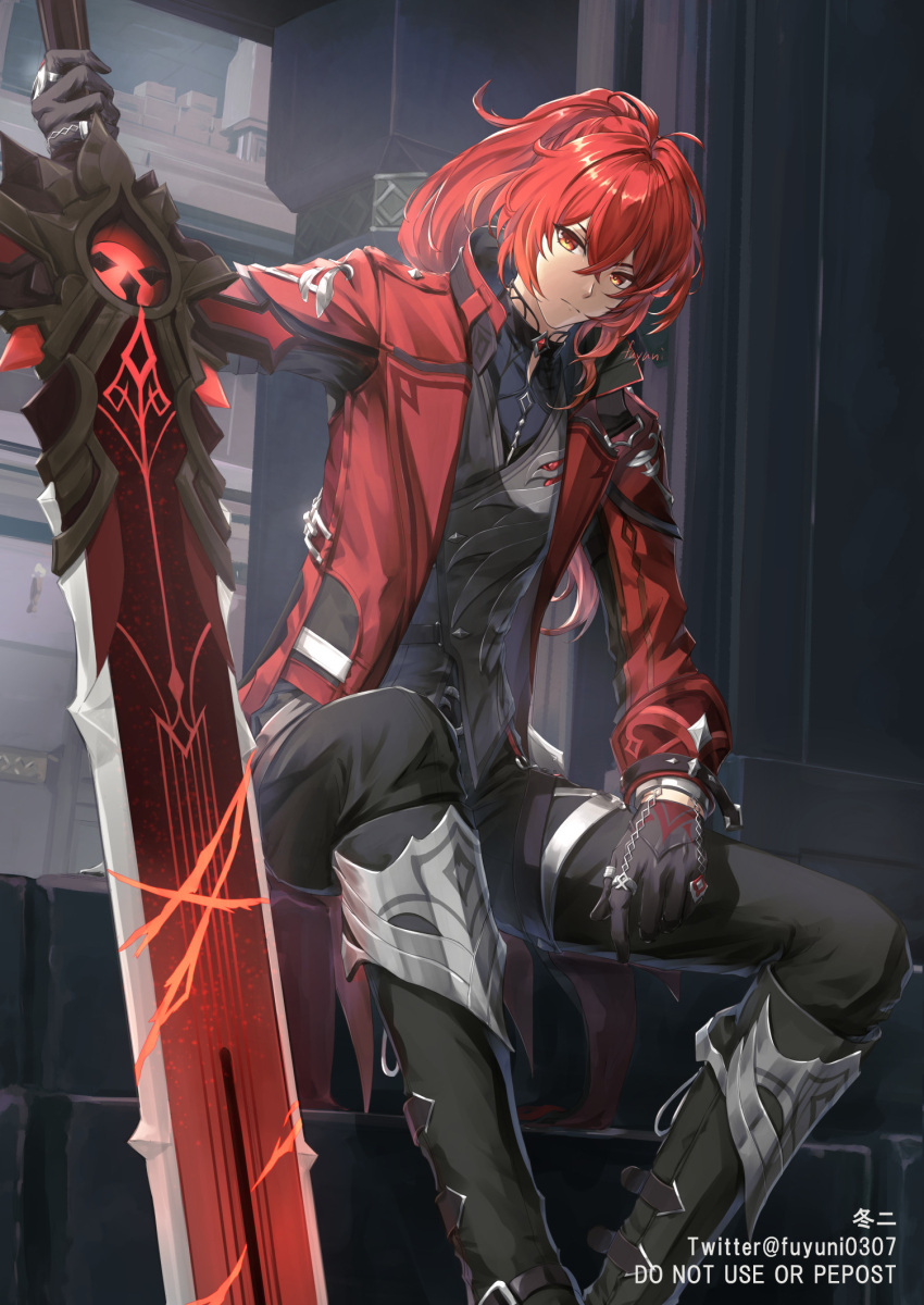 1boy bangs black_gloves black_pants closed_mouth coat collared_coat collared_jacket crossed_bangs diluc_(genshin_impact) diluc_(red_dead_of_night)_(genshin_impact) fuyuni0307 genshin_impact gloves high_ponytail highres official_alternate_costume pants red_coat red_eyes redhead sitting waistcoat wolf's_gravestone_(genshin_impact)
