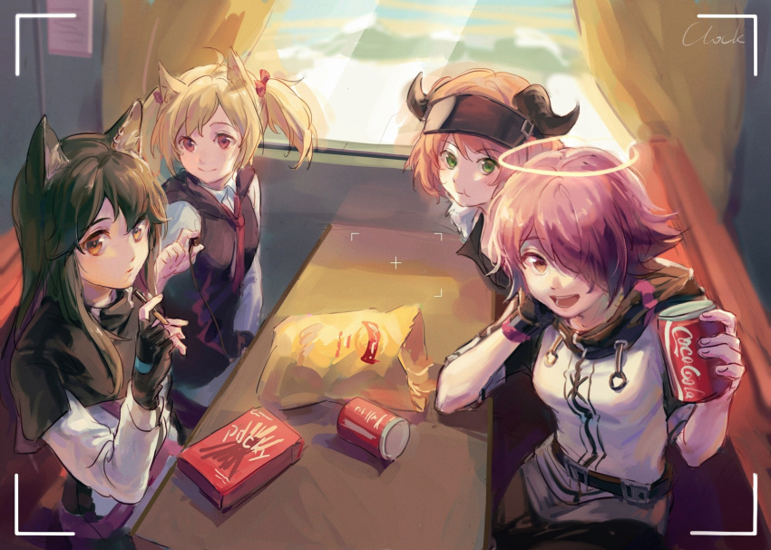4girls animal_ears arknights black_gloves black_hair black_vest blonde_hair booth_seating bow breasts can chips coca-cola cow_horns croissant_(arknights) earphones exusiai_(arknights) fingerless_gloves food gloves green_eyes hair_bow hair_over_one_eye hand_up highres holding holding_can holding_earphones holding_food horns lay's long_hair multiple_girls necktie one_eye_covered open_mouth orange_eyes orange_hair penguin_logistics_(arknights) pocky potato_chips red_bow red_eyes red_necktie redhead shirt short_hair sitting sketch small_breasts sora_(arknights) table texas_(arknights) twintails vest viewfinder visor_cap white_shirt wolf_ears wolf_girl yellow_eyes zhongmu