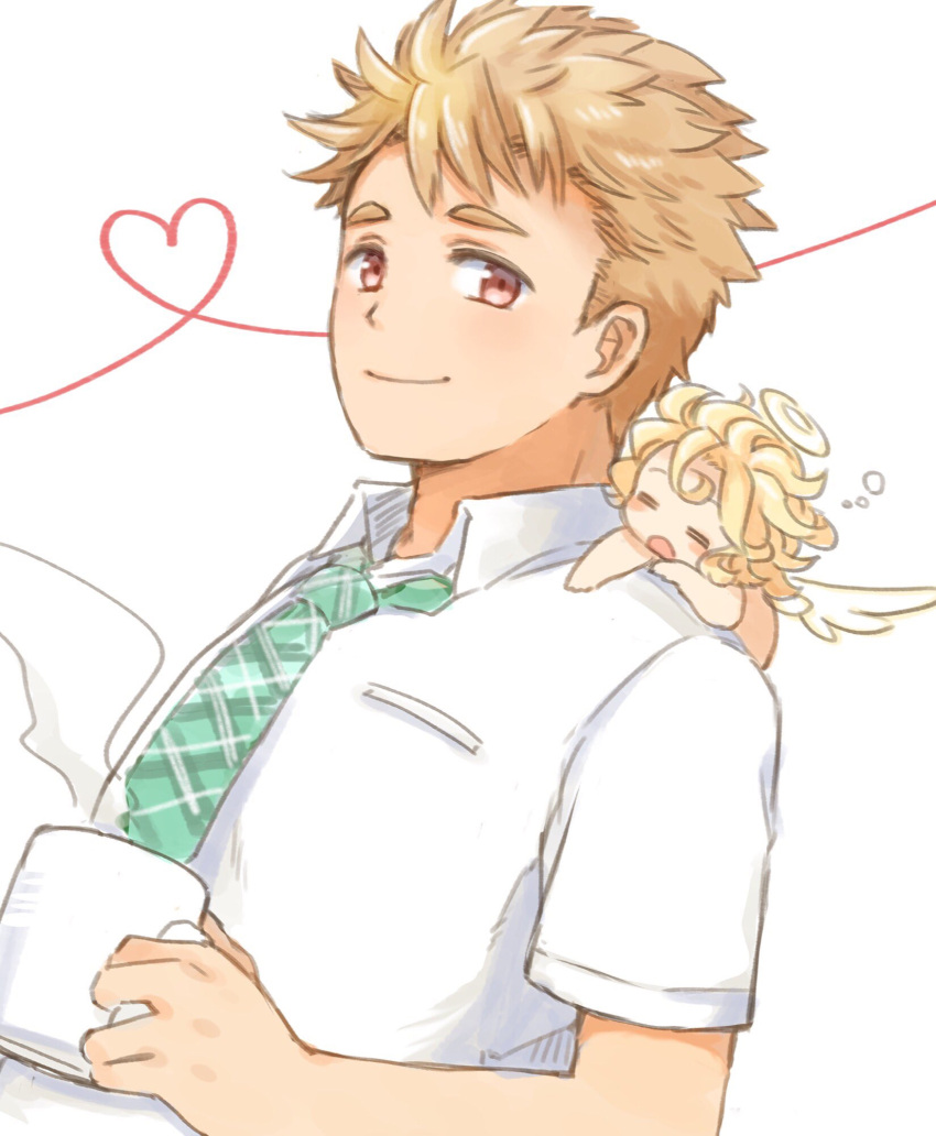 2boys angel angel_wings blonde_hair cherub closed_eyes closed_mouth collared_shirt cup cupid_(housamo) green_necktie halo heart highres holding holding_cup looking_at_viewer male_focus mug multiple_boys necktie open_mouth pink_eyes shirt short_hair sideburns sleepy steam summon_lw tennouji_shin'ya tokyo_afterschool_summoners upper_body white_background white_shirt wings