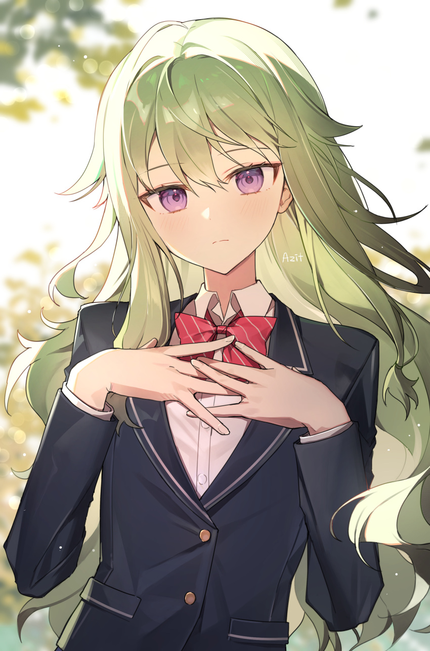1girl absurdres azit_(down) backlighting bangs black_jacket blazer blurry blurry_background blush bow closed_mouth collared_shirt commentary_request depth_of_field dress_shirt green_hair hair_between_eyes hands_up highres jacket kusanagi_nene light_frown long_hair own_hands_together project_sekai red_bow school_uniform shirt solo upper_body very_long_hair violet_eyes white_shirt