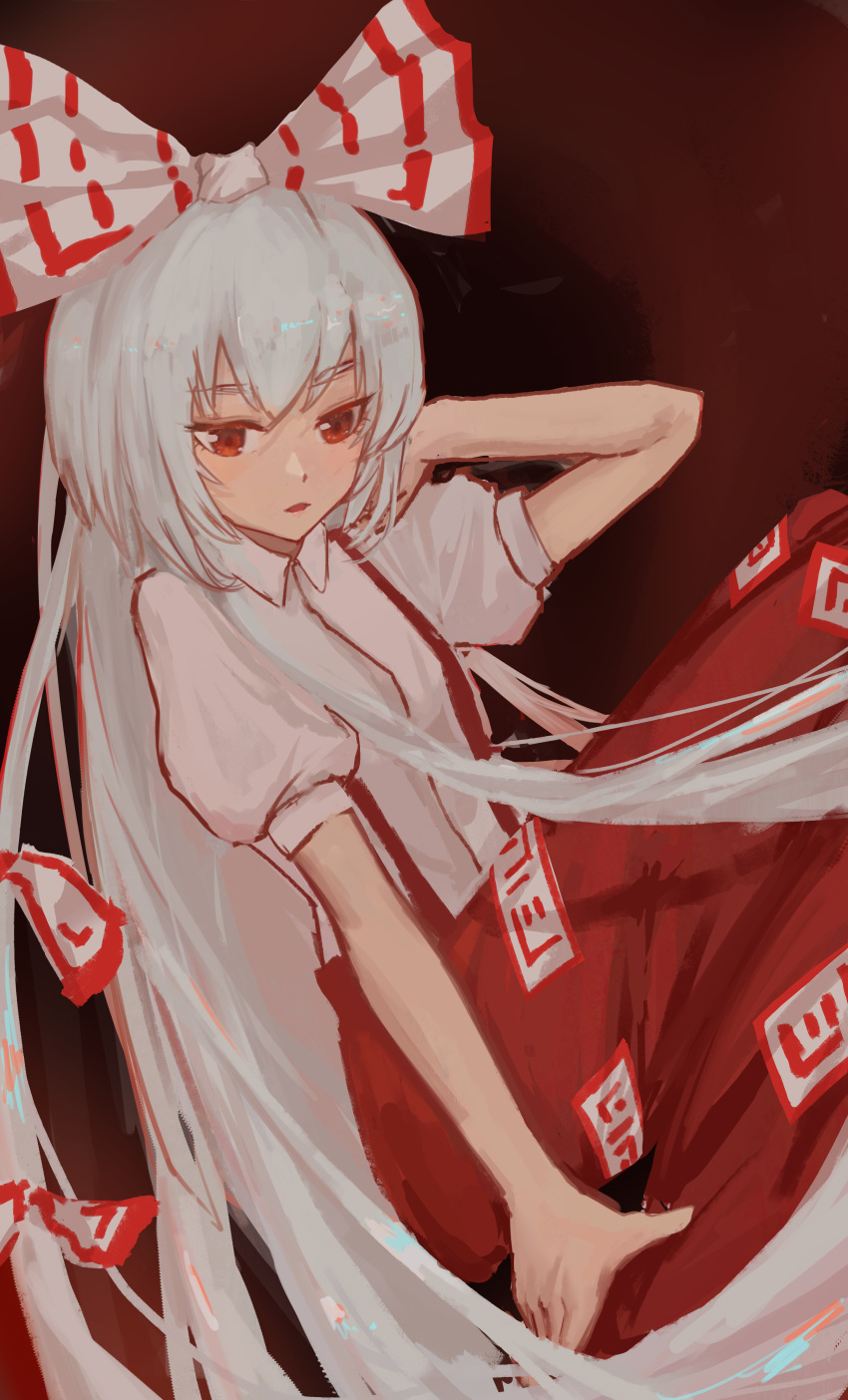1girl absurdres bow collared_shirt commentary_request feet_out_of_frame fujiwara_no_mokou grey_hair hair_bow hand_on_own_head hand_on_own_leg highres knees_up long_hair looking_at_viewer open_mouth pants puffy_short_sleeves puffy_sleeves qian-li-xin-hen red_bow red_eyes red_pants shirt short_sleeves solo suspenders touhou two-tone_bow very_long_hair white_bow white_shirt