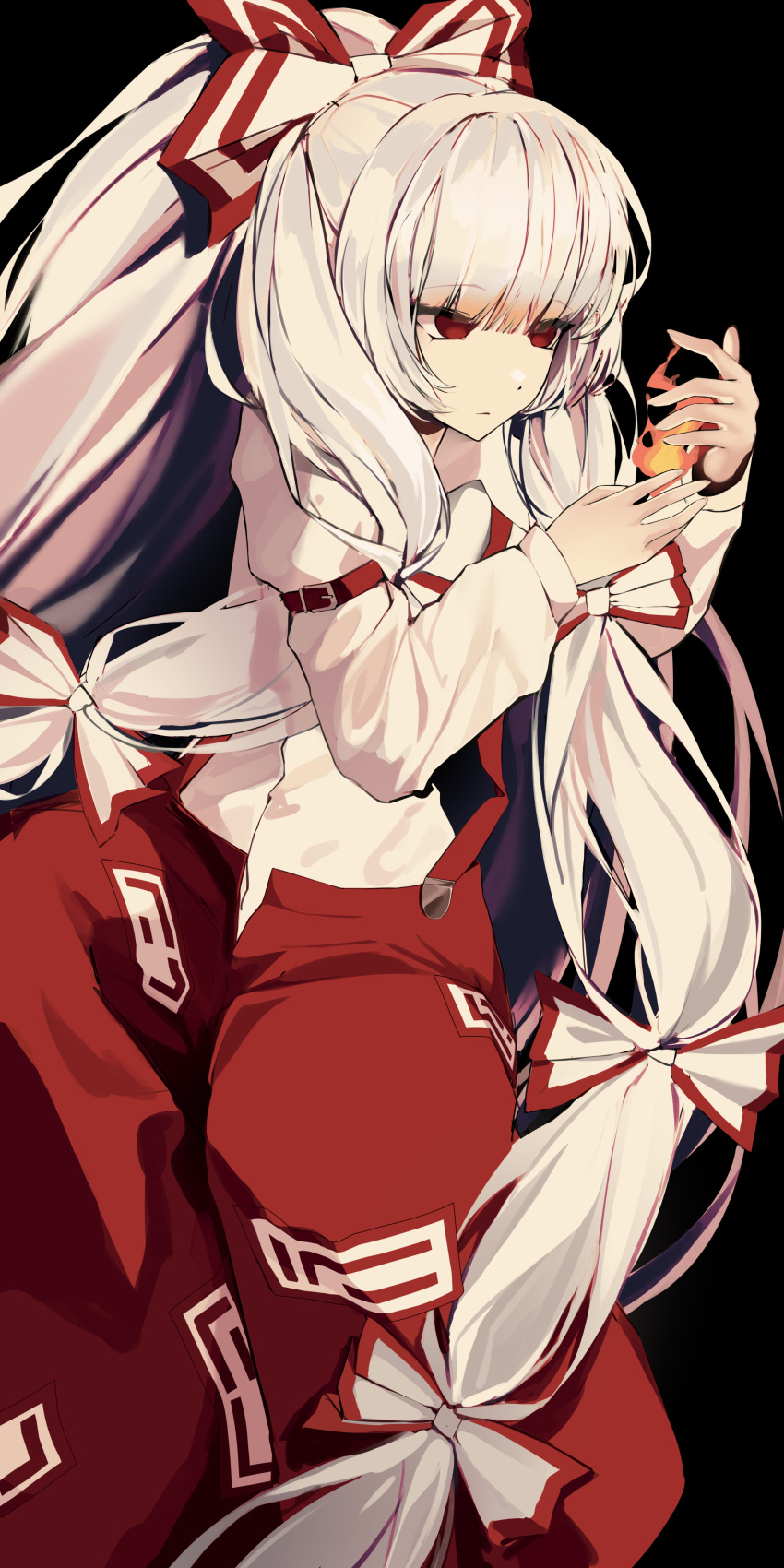 1girl absurdres arm_belt baggy_pants belt_buckle black_background bow buckle closed_mouth collared_shirt commentary feet_out_of_frame fire fujiwara_no_mokou hair_bow highres long_hair long_sleeves ofuda ofuda_on_clothes pants pyrokinesis red_bow red_eyes red_pants shirt sitting solo suspenders touhou two-tone_bow very_long_hair waytok white_bow white_hair white_shirt