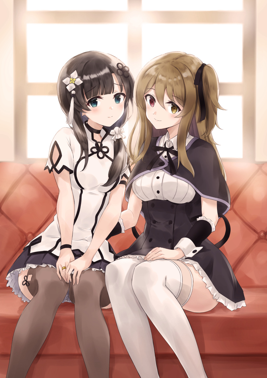 2girls absurdres aqua_eyes arm_cutout assault_lily bangs black_capelet black_choker black_hair black_ribbon black_skirt black_sleeves blunt_bangs blurry blurry_background blush breasts brown_hair brown_thighhighs buttons capelet choker closed_mouth clothing_cutout collared_shirt commentary_request couch day detached_sleeves feet_out_of_frame fingernails flower flower_knot free_palet frilled_sleeves frills hair_between_eyes hair_flower hair_ornament hair_ribbon hair_scrunchie hand_on_another's_back hand_on_own_thigh hands_on_lap head_tilt heterochromia high-waist_skirt highres indoors jewelry knees_together_feet_apart kuo_shenlin long_hair looking_at_viewer low_ponytail medium_breasts miniskirt multiple_girls neck_ribbon on_couch one_side_up own_hands_together pleated_skirt red_eyes ribbon ring school_uniform scrunchie shirt short_sleeves side-by-side side_ponytail sidelocks sitting skirt smile tassel tassel_hair_ornament thigh-highs wang_yujia white_flower white_scrunchie white_shirt white_thighhighs wristband yellow_eyes yurigaoka_girls_academy_school_uniform