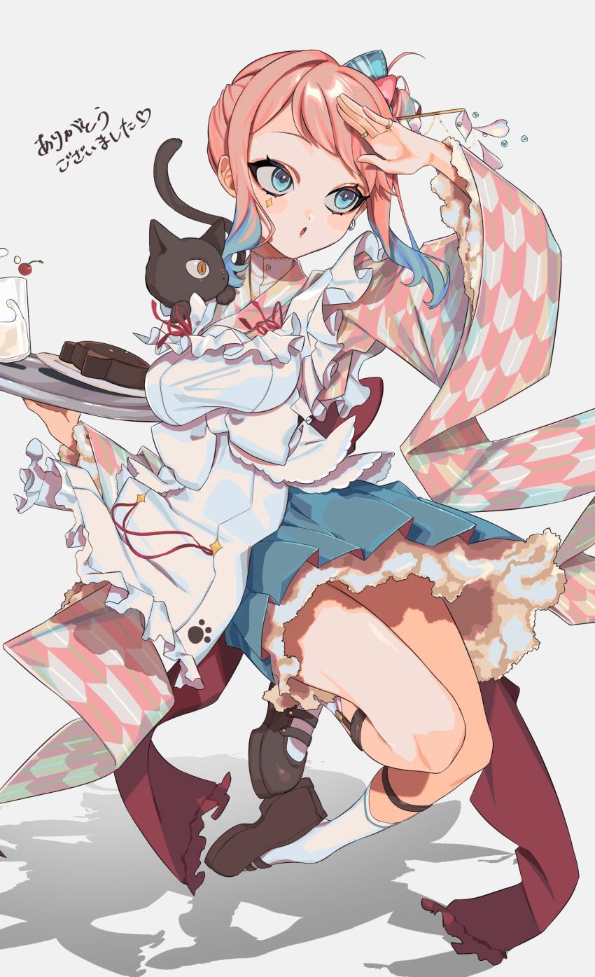 1girl :o absurdres animal_on_shoulder anklet apron arm_up bangs black_cat blue_eyes blue_hair blue_skirt blush bow bowtie breasts cake cat cat_on_shoulder character_request cherry chocolate_cake copyright_request cup dress earrings floating food frilled_apron frilled_sleeves frills fruit grey_background hamita_(rikopin_ika) hand_on_forehead highres holding holding_plate jewelry leg_lift long_sleeves looking_ahead medium_breasts milk multicolored_hair parted_lips patterned_clothing paw_print pink_hair plate platform_footwear pleated_skirt red_bow red_bowtie ring shadow short_hair sidelocks simple_background skirt socks solo strap streaked_hair waitress white_apron white_socks yellow_eyes