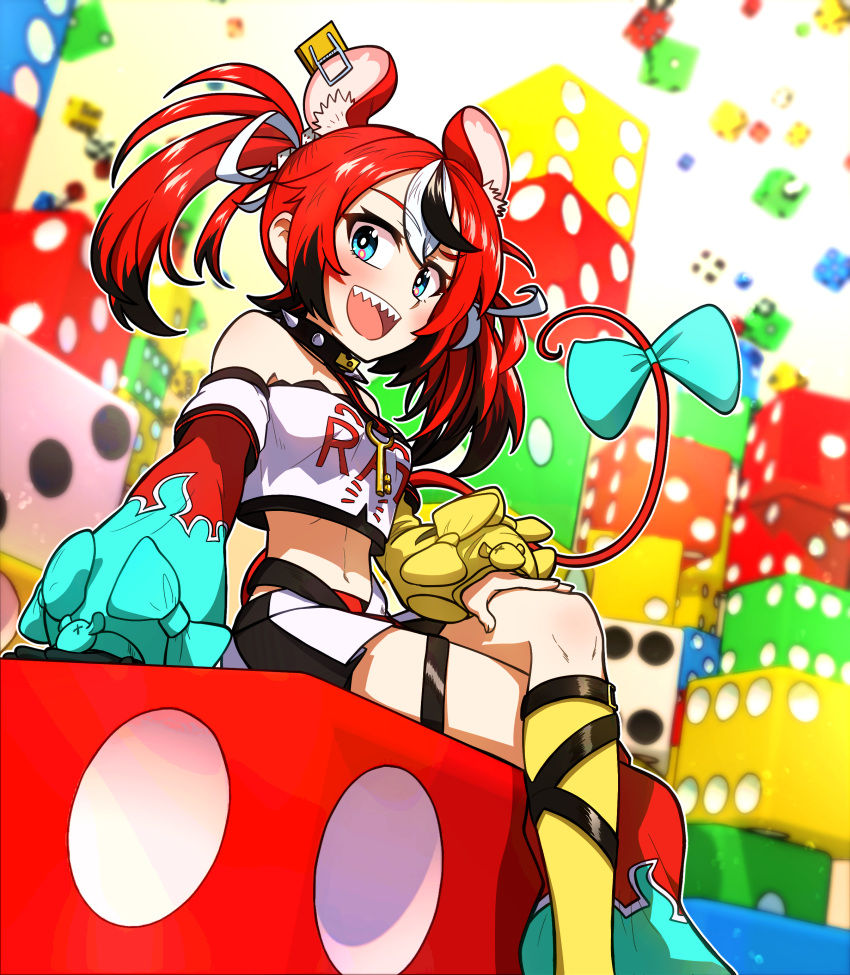 1girl absurdres animal_ears asymmetrical_legwear asymmetrical_sleeves blue_eyes bow collar crossed_legs ddolbang detached_sleeves dice hakos_baelz highres hololive hololive_english key midriff miniskirt mouse_ears mouse_tail multicolored_hair redhead sharp_teeth sitting skirt spiked_collar spikes streaked_hair tail tail_bow tail_ornament teeth twintails virtual_youtuber