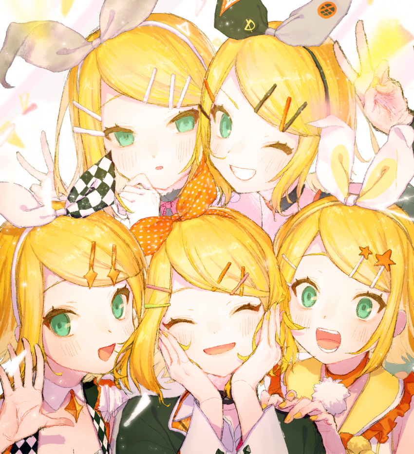 25-ji_night_code_de._(project_sekai) 5girls bangs black_jacket blonde_hair blush bow checkered_clothes cheek-to-cheek choker confetti detached_collar facing_viewer frills green_eyes grin hair_bow hair_ornament hairband hairclip hand_on_another's_shoulder hand_up hands_on_own_cheeks hands_on_own_face happy heads_together highres jacket jewelry kagamine_rin leo/need_(project_sekai) long_sleeves more_more_jump!_(project_sekai) motion_blur multiple_girls multiple_persona one_eye_closed open_mouth orange_bow orange_nails parted_lips pendant pogpa47985618 polka_dot polka_dot_bow pom_pom_(clothes) project_sekai short_hair smile star_(symbol) star_hair_ornament swept_bangs two-tone_bow v vivid_bad_squad_(project_sekai) vocaloid waving white_background white_bow wonderlands_x_showtime_(project_sekai)
