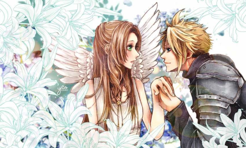 1boy 1girl aerith_gainsborough alternate_costume armor bangs bare_arms blonde_hair blue_eyes breasts brown_hair choker cloud_strife couple derivative_work dress final_fantasy final_fantasy_vii final_fantasy_vii_remake floral_background flower flower_choker green_eyes highres holding_hands jewelry long_hair long_sleeves looking_at_another medium_breasts mini_wings necklace parted_bangs parted_lips romeo_and_juliet short_hair shoulder_armor sleeveless sleeveless_dress smile spiky_hair sundress wavy_hair white_dress white_flower white_wings wings yco_030601