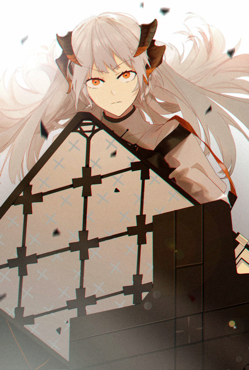 1girl arknights bangs closed_mouth commentary english_commentary gradient gradient_background grey_background grey_hair grey_shirt highres horns long_hair looking_at_viewer orange_eyes saria_(arknights) shield shirt solo triangular1116 v-shaped_eyebrows very_long_hair white_background