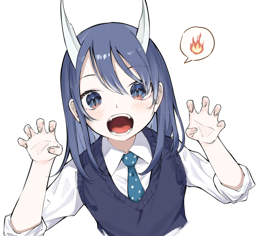 1girl absurdres aoki_ruri bangs blue_eyes blue_hair blue_necktie blue_vest blush claw_pose collared_shirt commentary_request dragon_girl dragon_horns fangs fingernails fire hands_up highres horns jitome lechiennoir long_sleeves looking_at_viewer medium_hair multicolored_eyes necktie open_mouth pink_eyes raised_eyebrow ruri_dragon school_uniform shirt simple_background sleeves_rolled_up slit_pupils solo speech_bubble spoken_object swept_bangs tears teeth tongue upper_body vest violet_eyes white_background white_shirt