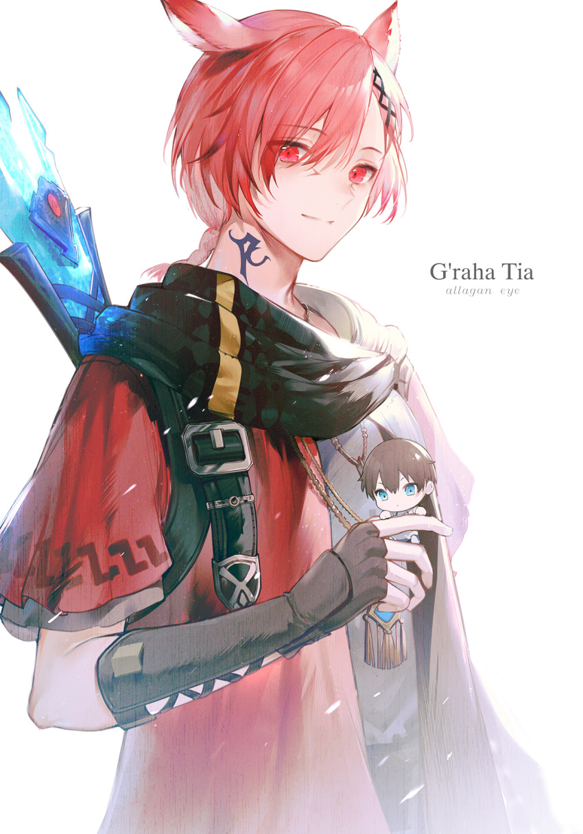 2boys adventurer_(ff14) animal_ears bai_qi-qsr bangs belt_buckle black_scarf blue_eyes braid braided_ponytail brown_gloves brown_hair buckle cat_ears character_name chinese_commentary commentary_request elbow_gloves facial_mark final_fantasy final_fantasy_xiv fingerless_gloves from_side g'raha_tia gloves grey_shirt hair_ornament highres hyur jacket jewelry looking_at_viewer male_focus miniboy miqo'te multiple_boys neck_tattoo necklace on_finger red_jacket scarf shirt short_hair short_ponytail shoulder_belt simple_background single_braid size_difference smile solo_focus staff swept_bangs tattoo upper_body weapon weapon_on_back white_background x_hair_ornament