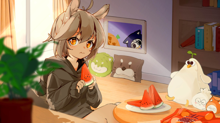 1girl :t absurdres ahoge animal_ear_fluff animal_ears arknights backlighting bangs blurry blurry_foreground book bookshelf brown_hair closed_mouth commentary_request curtains day depth_of_field eating food hair_between_eyes highres holding holding_food indoors looking_at_viewer orange_eyes pillow plant plate potted_plant qiu_bi_long shaw_(arknights) solo sunlight table watermelon_slice window wooden_floor