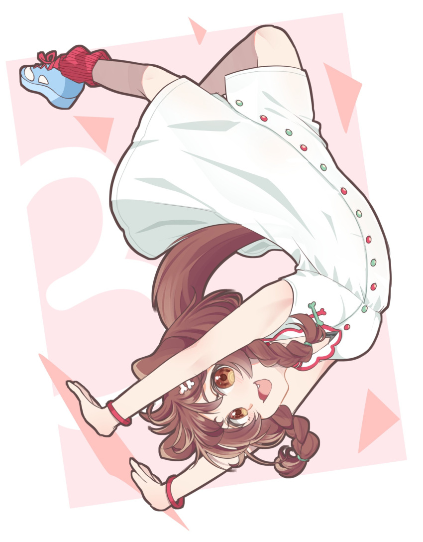 1girl animal_ears bone_hair_ornament braid brown_eyes brown_hair dog_ears dog_girl dog_tail dress fang full_body hair_ornament handstand highres hololive inugami_korone isuka low_twin_braids open_mouth shoes smile sneakers solo tail twin_braids upside-down virtual_youtuber white_dress wristband
