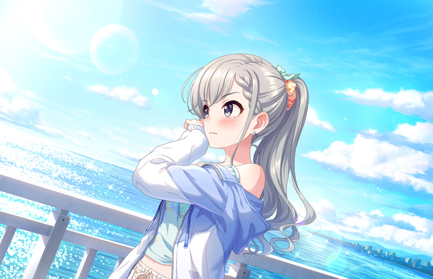 1girl asymmetrical_bangs bangs blue_sky blue_tank_top blush braid braided_bangs clouds crop_top dutch_angle earrings grey_hair hisakawa_hayate horizon idolmaster idolmaster_cinderella_girls idolmaster_cinderella_girls_starlight_stage jacket jacket_partially_removed jewelry lens_flare looking_afar multicolored_clothes multicolored_jacket navel official_art outdoors ponytail railing sky solo sparkle sweatdrop tank_top tears two-tone_jacket upper_body wavy_hair