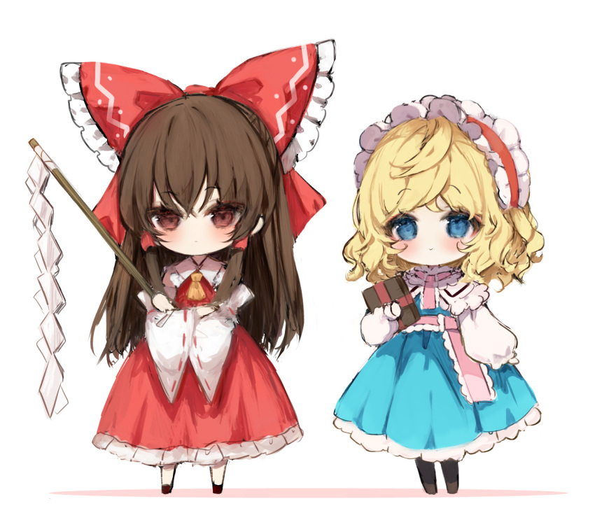 2girls alice_margatroid ascot bare_shoulders blonde_hair blue_dress blue_eyes blush book bow brown_eyes brown_hair closed_mouth detached_sleeves dress full_body gohei grimoire_of_alice hair_between_eyes hair_bow hair_tubes hairband hakurei_reimu holding holding_book japanese_clothes lolita_hairband long_hair long_sleeves multiple_girls nontraditional_miko piyokichi red_bow red_hairband red_skirt ribbon-trimmed_sleeves ribbon_trim short_hair sidelocks skirt smile touhou wide_sleeves yellow_ascot