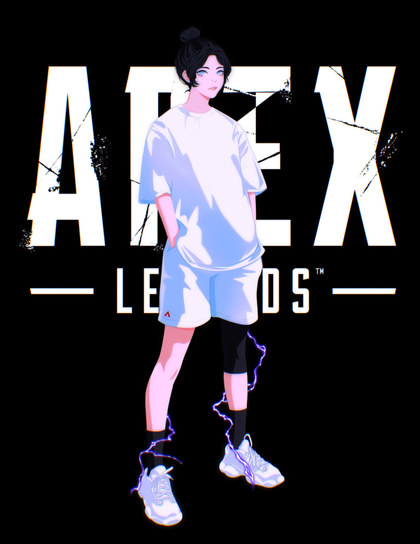1girl absurdres alternate_costume apex_legends bangs black_background black_hair electricity english_commentary hair_behind_ear hair_bun hands_in_pockets highres mika_(mikvoh) parted_bangs parted_lips shirt shoes shorts sneakers solo white_footwear white_shirt white_shorts wraith_(apex_legends)