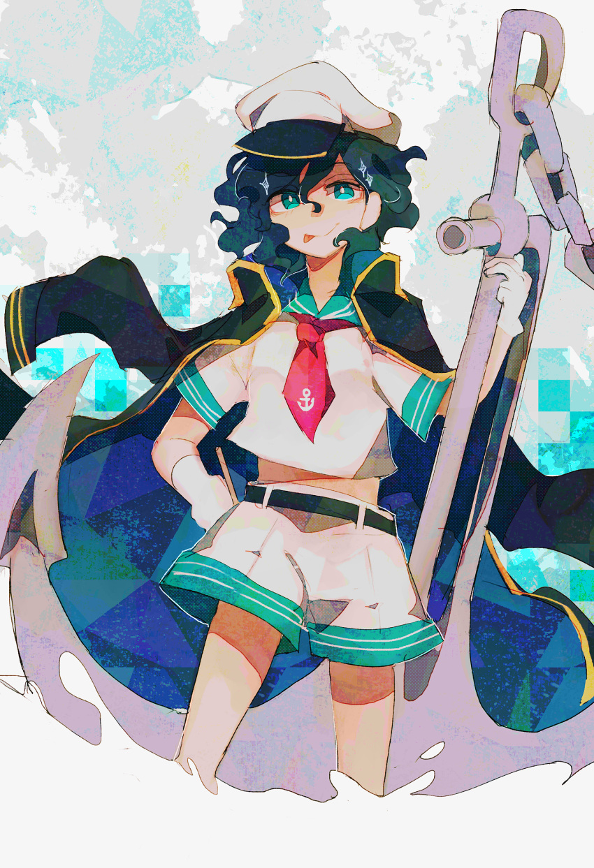 1girl :&gt; :p abstract_background anchor anchor_print aqua_eyes aqua_sailor_collar arm_support bangs belt black_belt black_cape black_hair bright_pupils cape chain closed_mouth commentary contrapposto cowboy_shot cropped_legs eyes_visible_through_hair floating_cape gloves grey_background hair_between_eyes hand_on_hip hand_up hat highres looking_at_viewer midriff_peek murasa_minamitsu muted_color neckerchief phantasmic red_neckerchief sailor sailor_collar sailor_hat sailor_shirt shirt short_hair short_sleeves shorts sleeve_cuffs smile solo sparkle split_mouth standing straight-on symbol-only_commentary texture tongue tongue_out touhou wavy_hair white_gloves white_headwear white_pupils white_shirt white_shorts