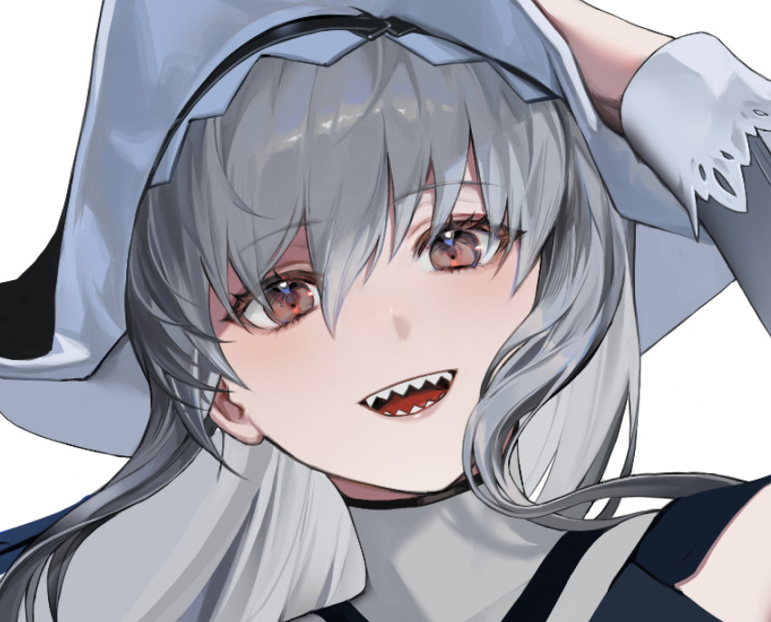 1girl :d arknights black_headwear black_shirt grey_hair hand_on_headwear hand_up hat highres long_hair long_sleeves looking_at_viewer official_alternate_costume open_mouth oxy_ho2 portrait red_eyes sharp_teeth shirt simple_background smile solo specter_(arknights) specter_the_unchained_(arknights) teeth white_background